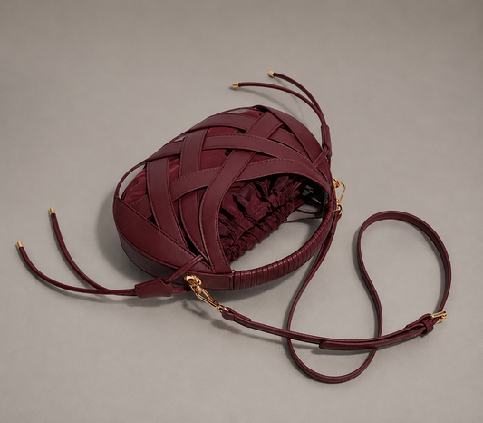 Genuine Leather Woven Shoulder Bag in Burgundy
