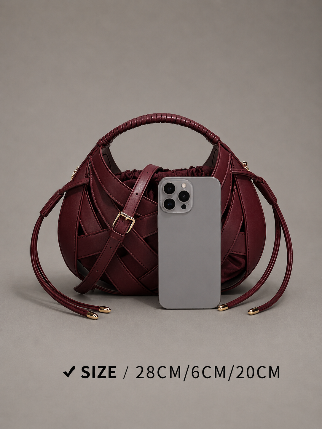 Genuine Leather Woven Shoulder Bag in Burgundy