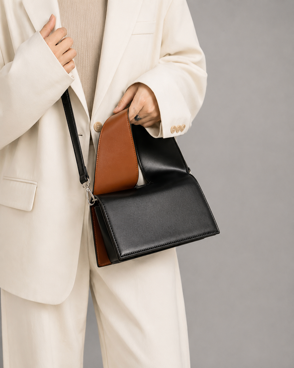 Black and Brown Geometric Leather Shoulder Bag