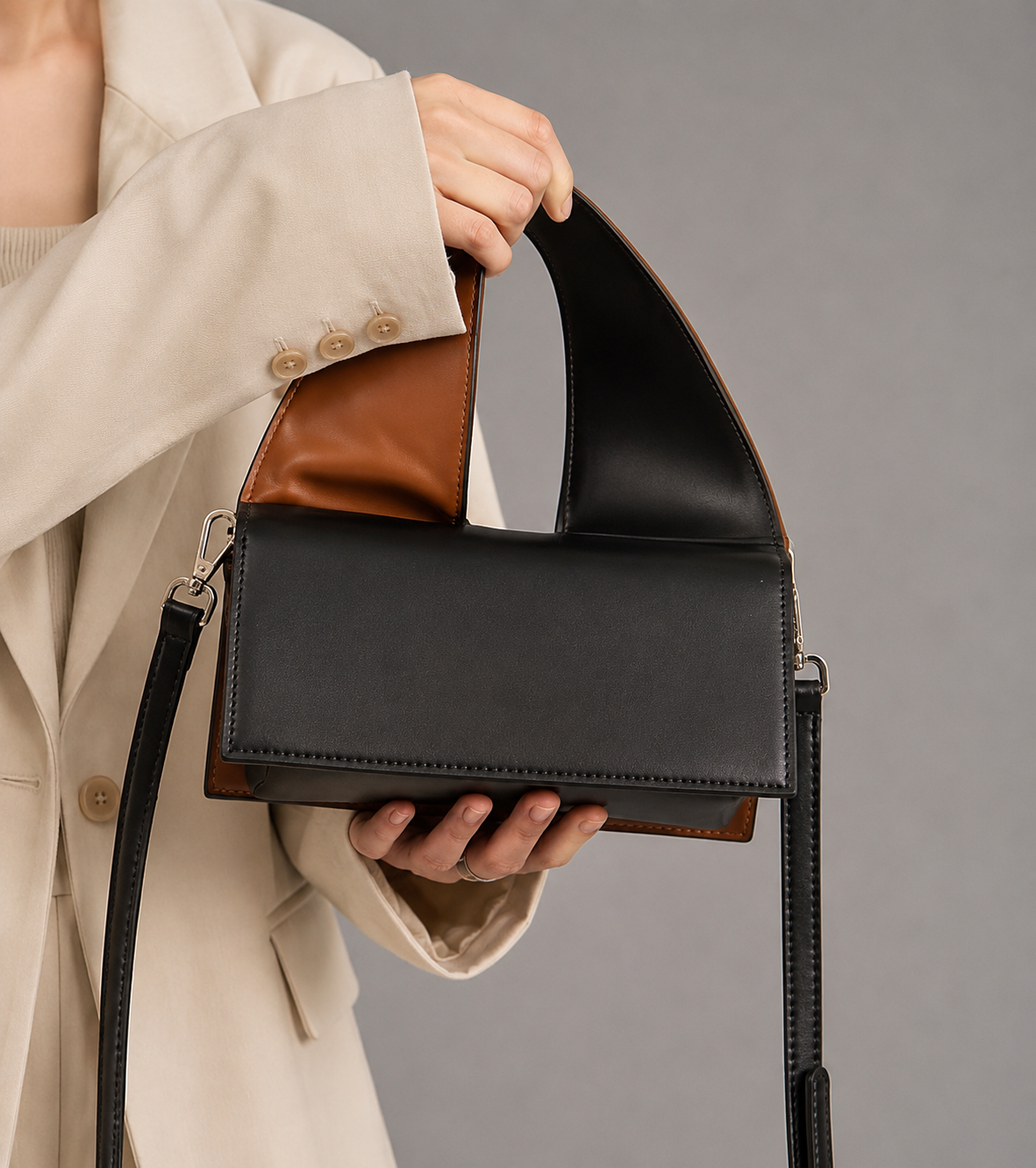 Black and Brown Geometric Leather Shoulder Bag
