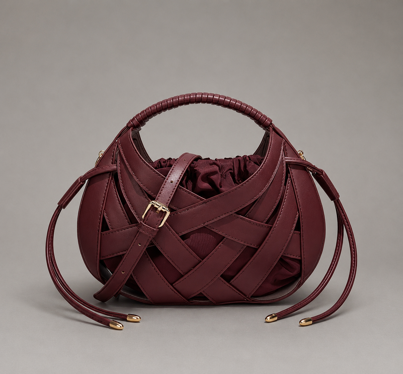 Genuine Leather Woven Shoulder Bag in Burgundy